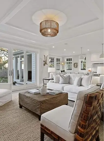 Modern living room with finished drywall ceiling and bright interior design